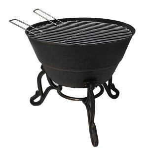 cast iron fire pit, with log grate, metal poker, with chromed grill