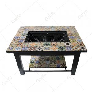  110x80cm ceramic top table fire pit with steel fire bowl, with mesh cover, center lid, wood grate, poker